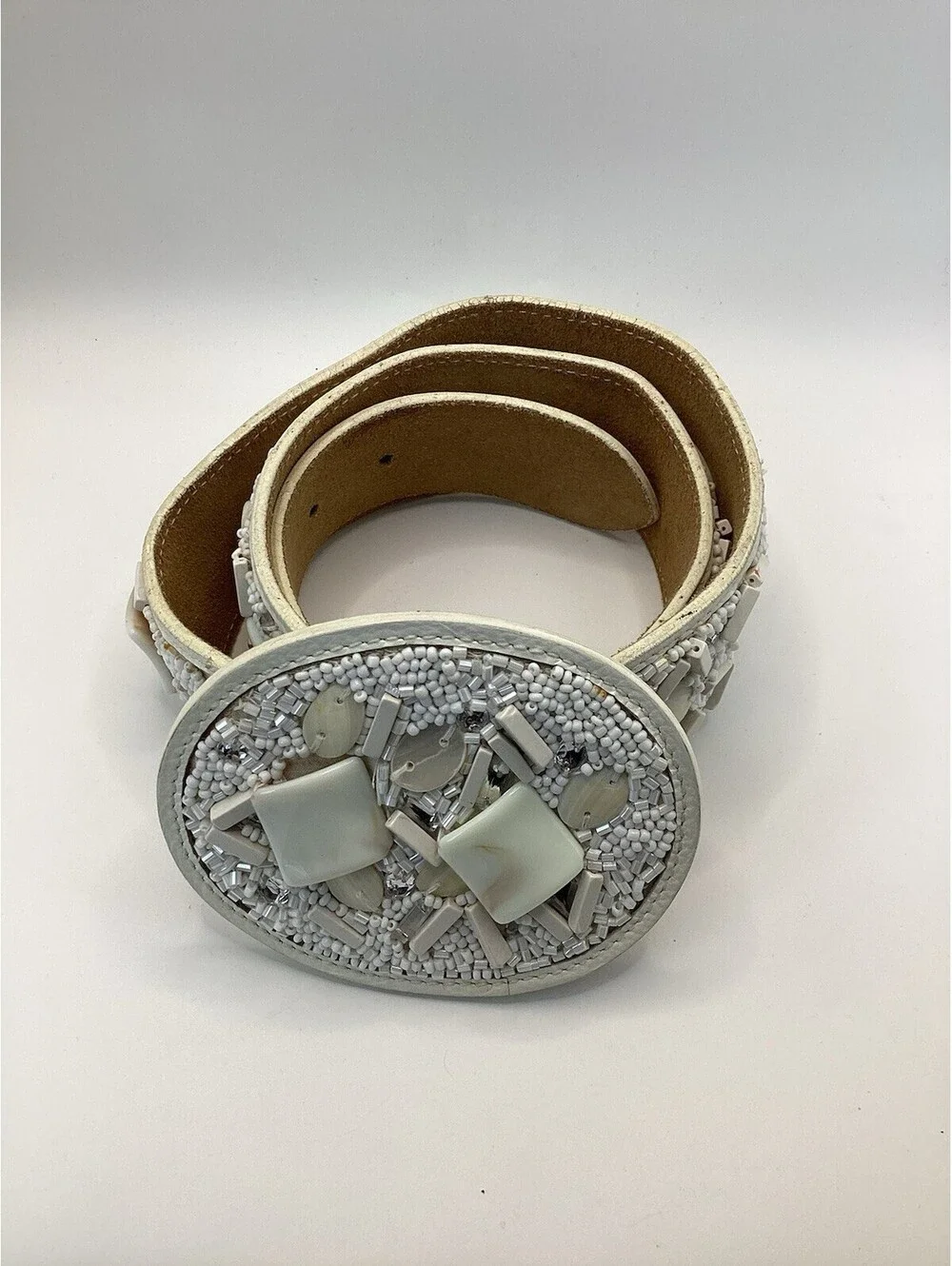 Vintage White Leather Beaded Mother Of Pearl Shell Statement Belt Size 34